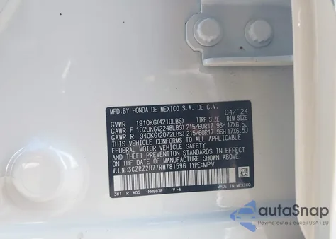 2024 Honda Hr-V Awd Ex-L/Awd Ex-L W/O Bsi из США, поврежденный, VIN 3CZRZ2H77RM781596